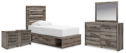 Graystorm bedroom set by Ashley Furniture featuring a gray bed frame, matching dressers, and nightstands in a modern design.