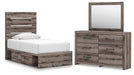 Gray Ashley Furniture bedroom set with a bed, nightstands, and dresser in a modern gray finish, displayed in a stylish bedroom.