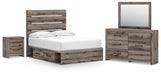 Graystorm bedroom set by Ashley Furniture, featuring a bed frame, nightstands, and matching dresser in a modern gray finish.