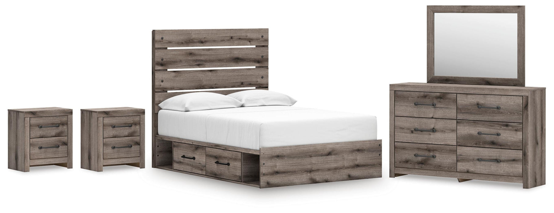 Graystorm bedroom set by Ashley Furniture includes a bed, dresser, and nightstands in a modern gray finish.