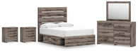 Graystorm bedroom set by Ashley Furniture includes a bed, dresser, and nightstands in a modern gray finish.