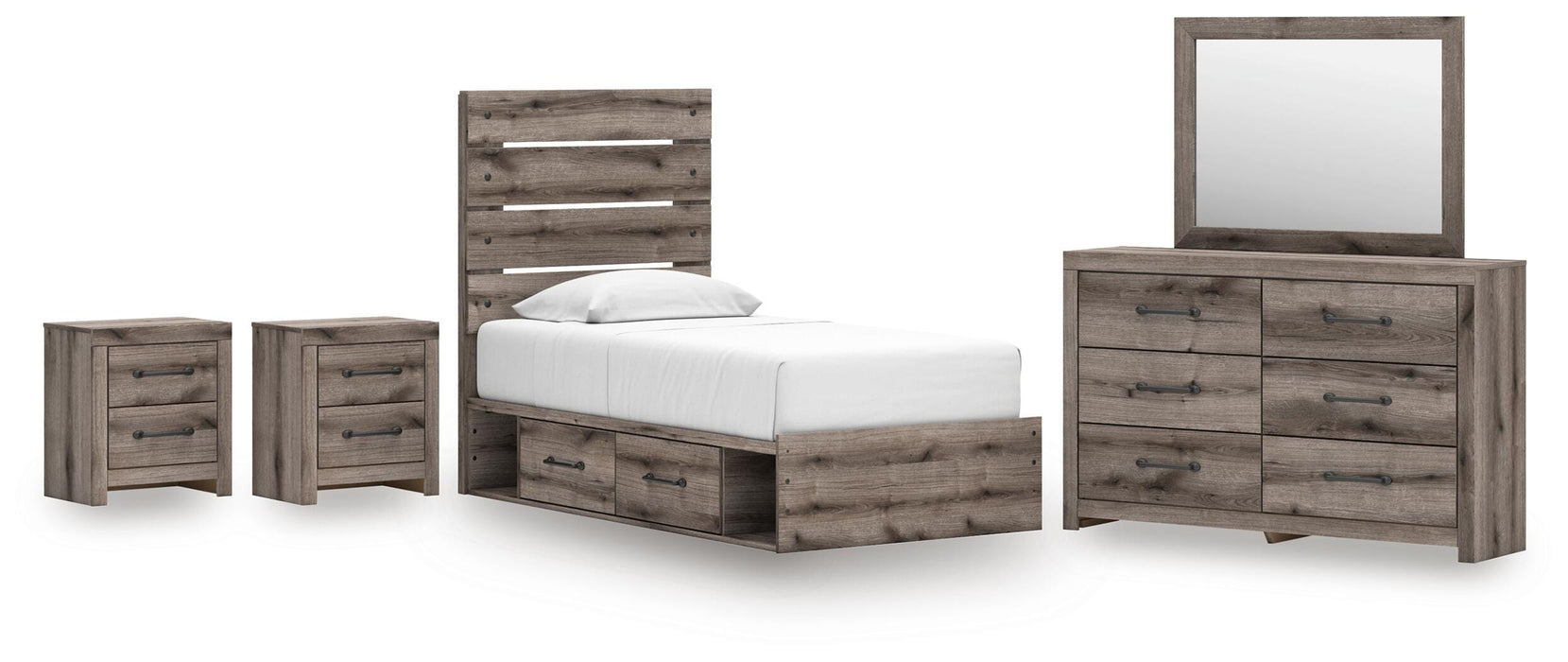 Graystorm Bedroom Set by Ashley Furniture featuring a bed frame, matching nightstands, and dresser in a modern gray finish.
