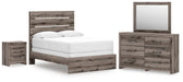 Gray Ashley Furniture bedroom set with a modern gray finish, including a bed frame, dresser, and nightstands.
