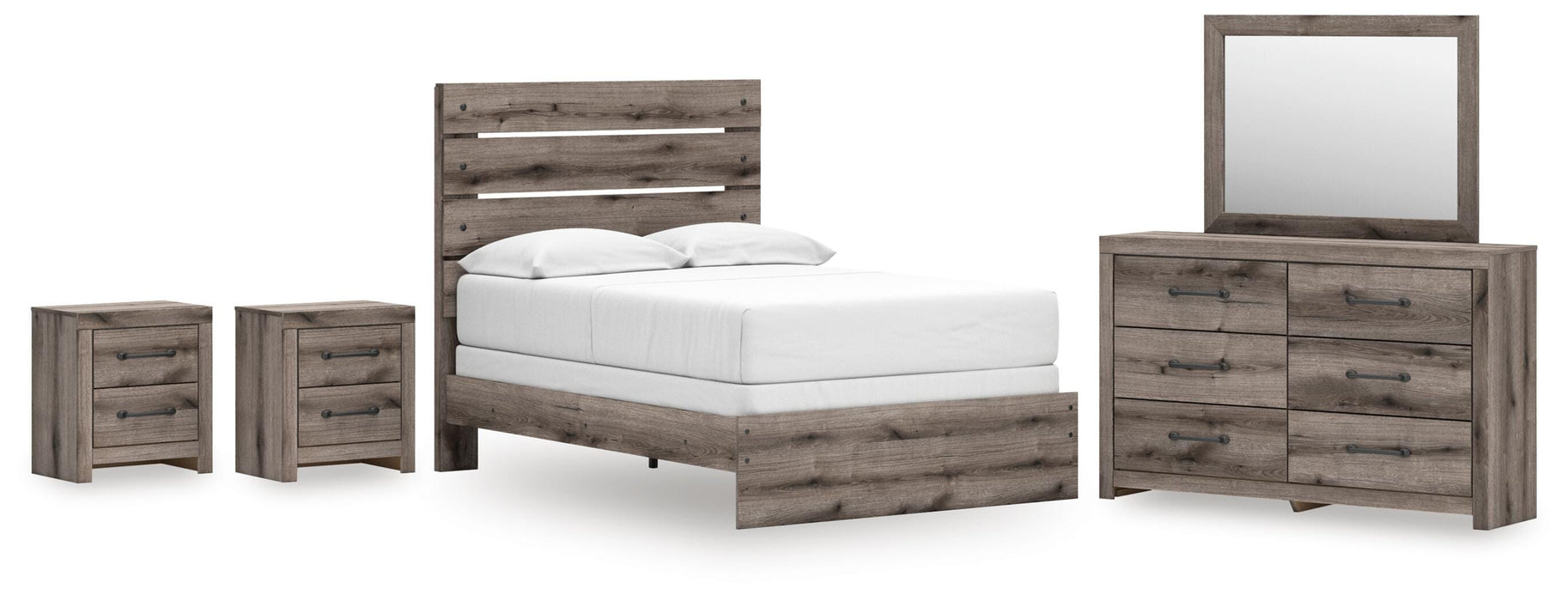 Graystorm bedroom set by Ashley Furniture, featuring a bed, nightstands, and matching dresser in a modern gray finish.
