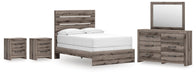 Graystorm bedroom set by Ashley Furniture, featuring a bed, nightstands, and matching dresser in a modern gray finish.