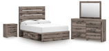 Gray Ashley Furniture bedroom set with a bed, nightstands, and dresser in a modern design, shown in a cozy bedroom setting.