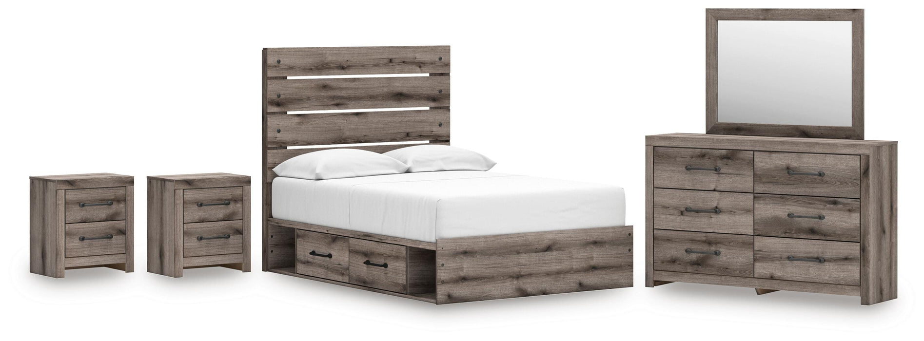 Graystorm bedroom set by Ashley Furniture featuring a bed, dresser, and nightstands in a modern gray finish.