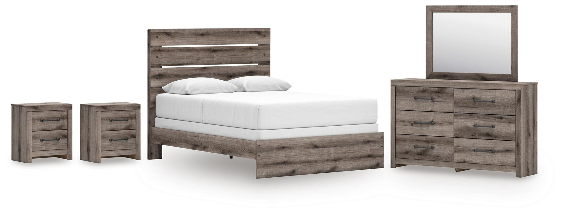 Graystorm bedroom set by Ashley Furniture featuring a bed, nightstands, and dresser in a modern gray finish.
