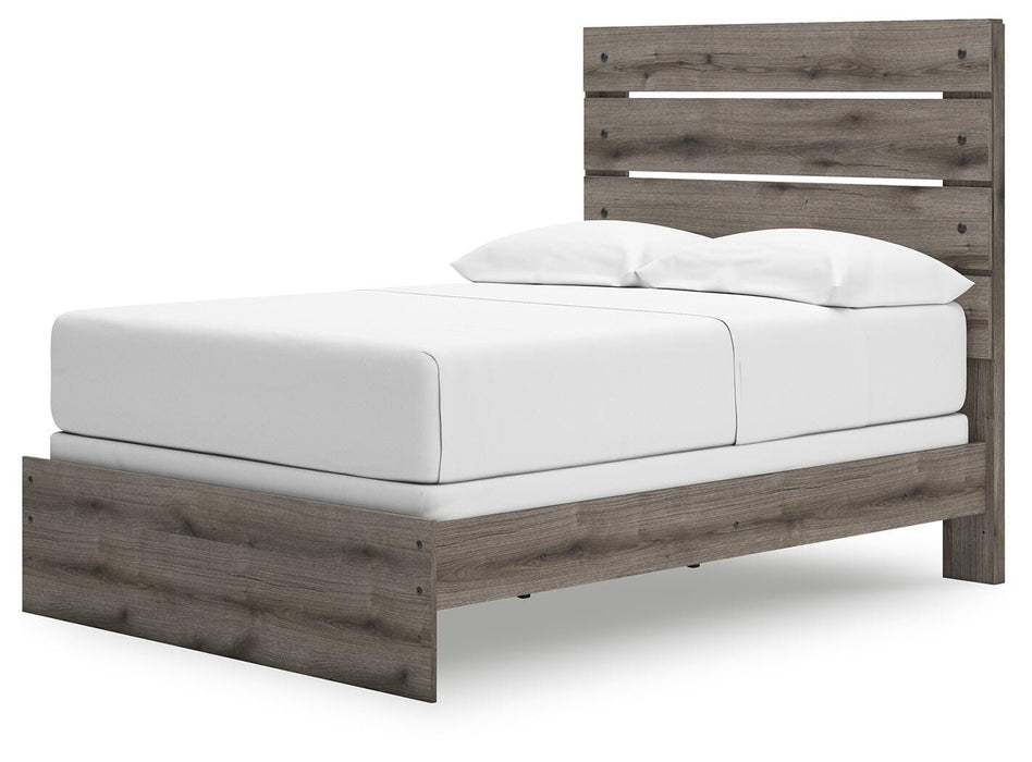 Ashley Furniture Graystorm bedroom set with a bed frame, nightstands, and dresser, shown from an angled view.