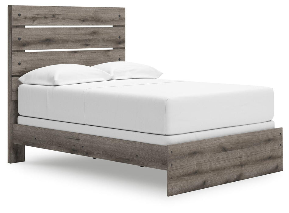 Graystorm bedroom set by Ashley Furniture, includes bed and matching nightstands, shown from an angled view.