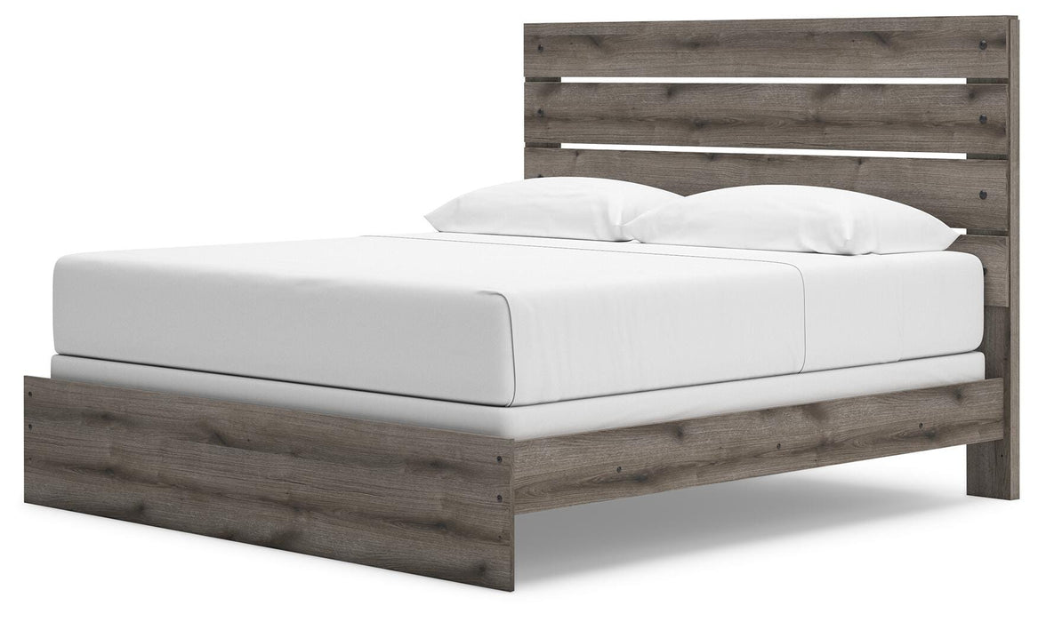 Graystorm bedroom set by Ashley Furniture, featuring a bed, dresser, and nightstands in a modern gray finish.