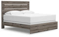 Graystorm bedroom set by Ashley Furniture, including bed frame, nightstands, and dresser, shown from an angled view.