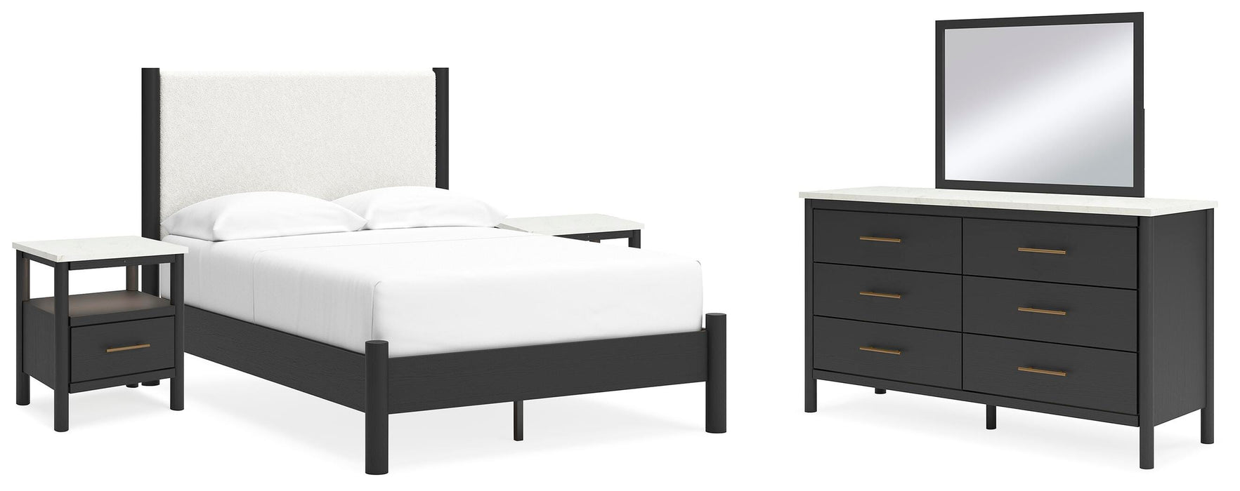 Ashley Furniture Cadmori bedroom set with a modern bed frame, matching nightstands, and dresser in a stylish bedroom scene.
