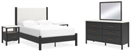 Ashley Furniture Cadmori bedroom set with a modern bed frame, matching nightstands, and dresser in a stylish bedroom scene.