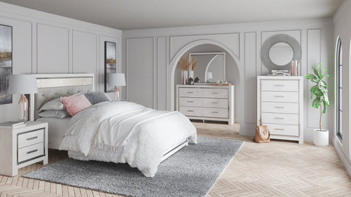 Ashley Furniture Altyra bedroom set with a modern bed frame, matching nightstands, and dresser in a stylish bedroom arrangement.