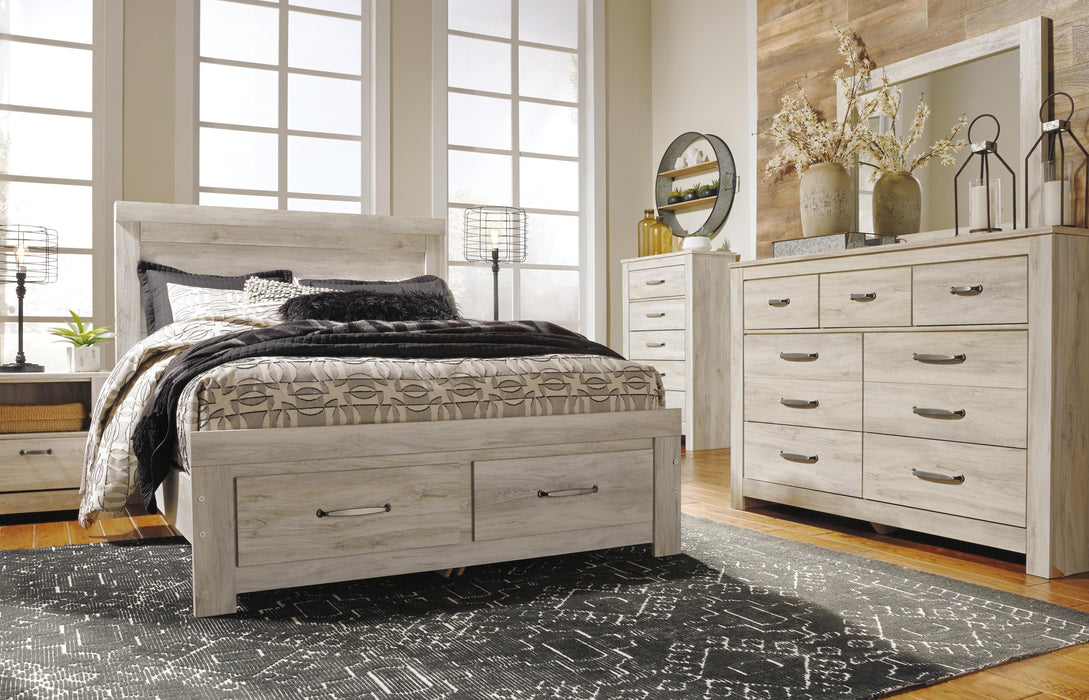 Ashley Furniture Bellaby bed with a modern design, showcasing a sturdy wooden frame and neutral upholstery.