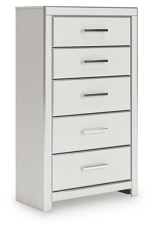Ashley Furniture Zuraleus chest of drawers with a modern wood finish, angled view showing multiple drawers and sleek design.