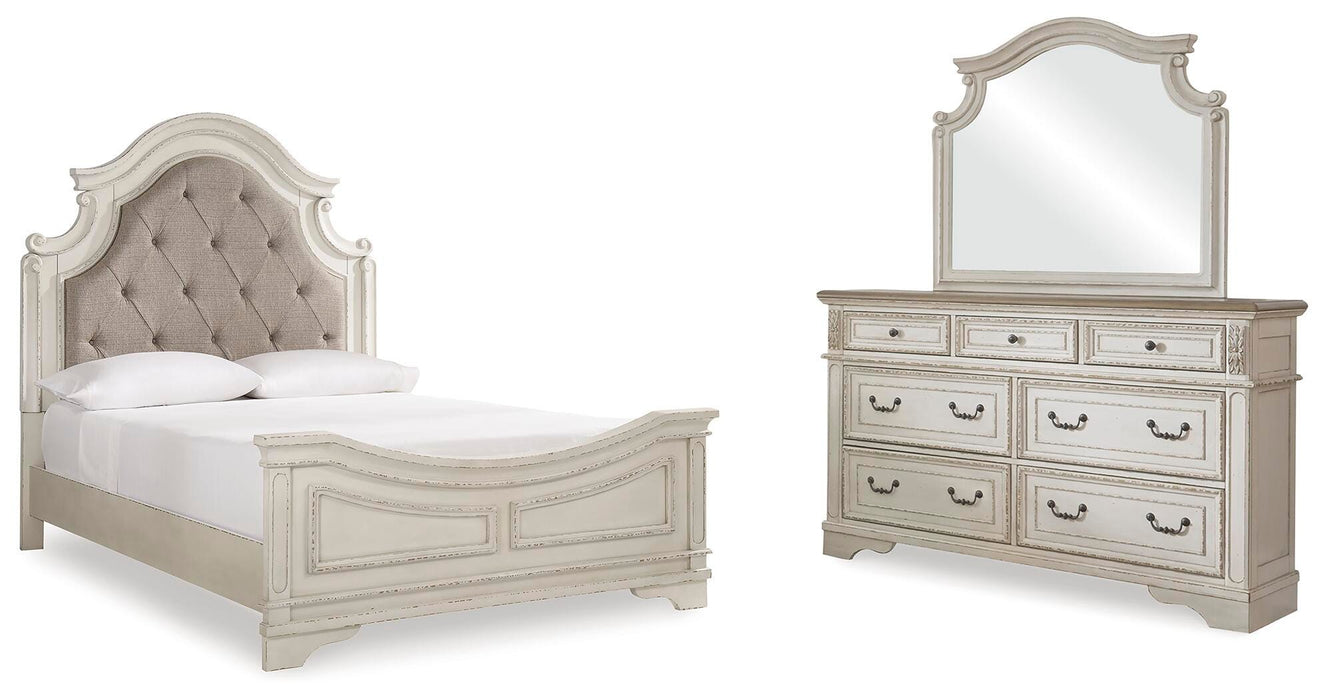 Ashley Furniture Realyn bedroom set with a modern bed frame, matching nightstands, and a coordinated dresser in a stylish bedroom scene.