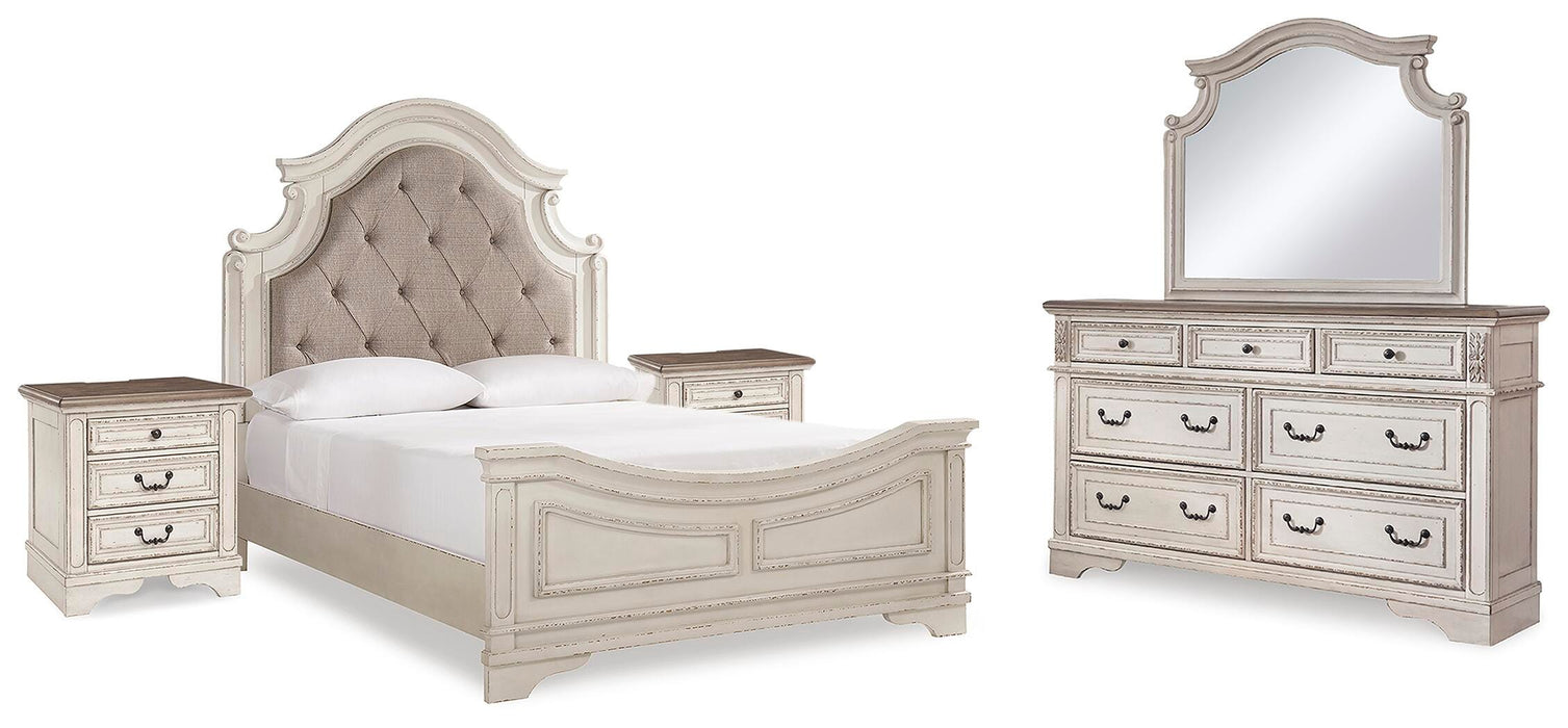 Ashley Furniture Realyn bedroom set featuring a bed, nightstands, and dresser with modern design and neutral finishes.