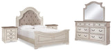 Ashley Furniture Realyn bedroom set featuring a bed, nightstands, and dresser with modern design and neutral finishes.