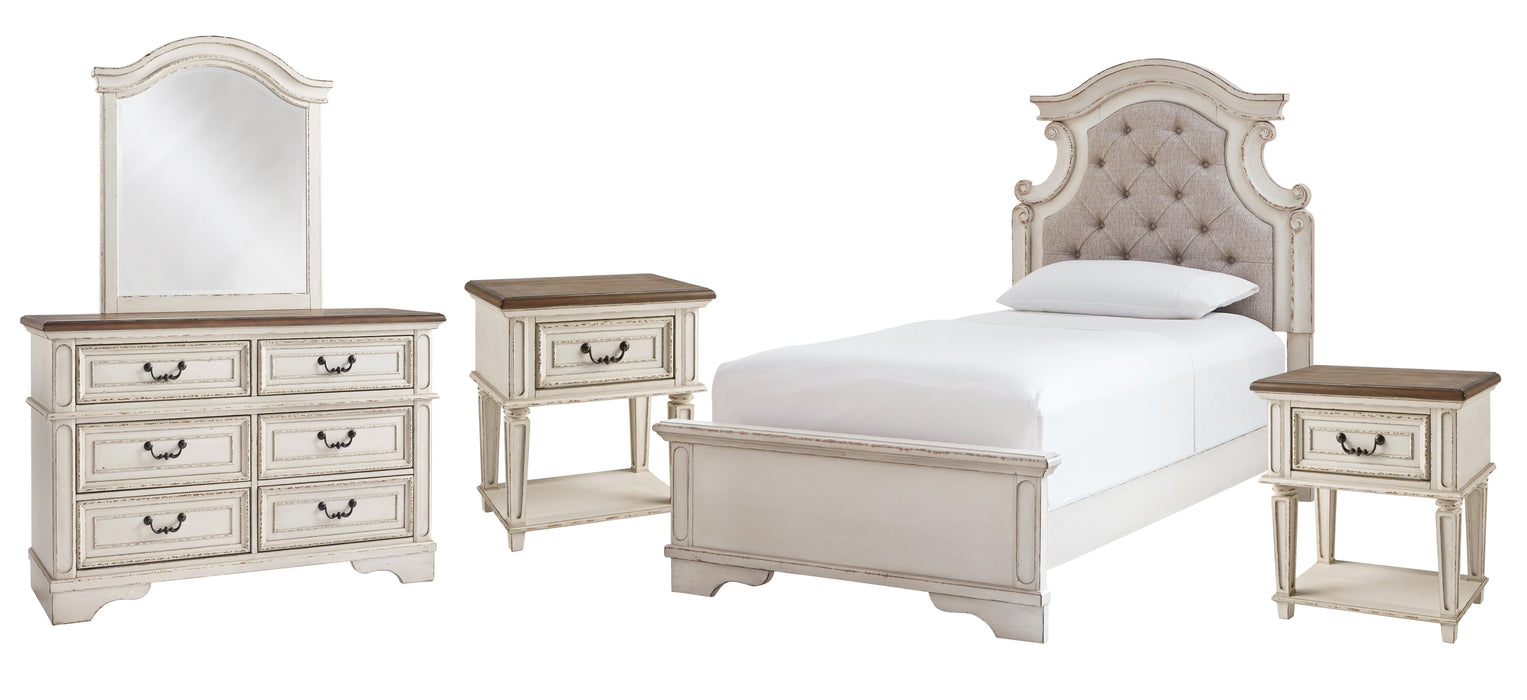 Ashley Furniture Realyn bedroom set featuring a bed, nightstands, and matching dresser in a modern design.