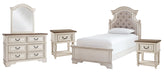 Ashley Furniture Realyn bedroom set featuring a bed, nightstands, and matching dresser in a modern design.