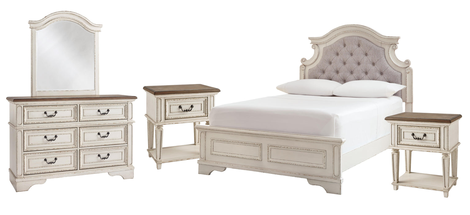 Ashley Furniture Realyn bedroom set featuring a bed with a wooden headboard and matching nightstands in a modern style.
