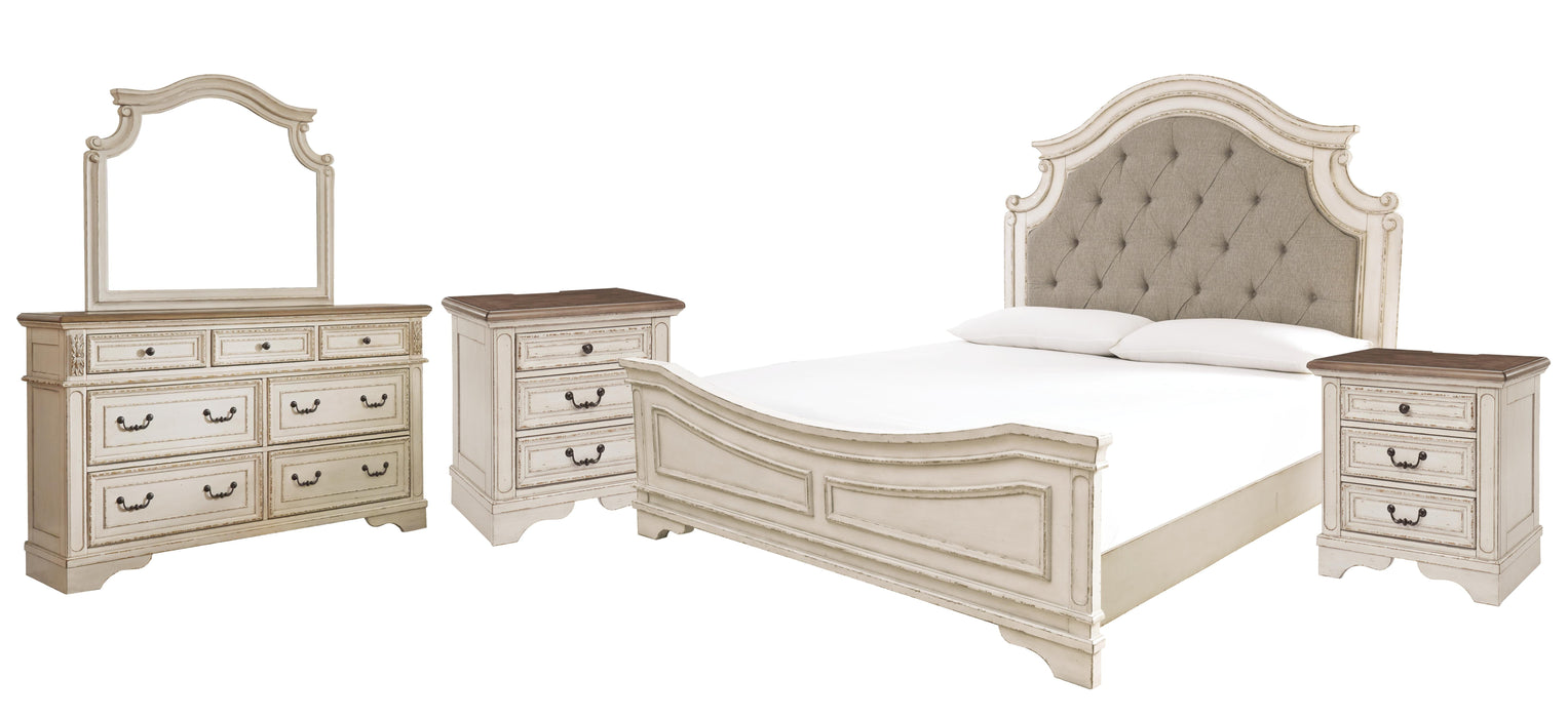 Ashley Furniture Realyn bedroom set with a bed, dresser, and nightstands in a modern bedroom interior.