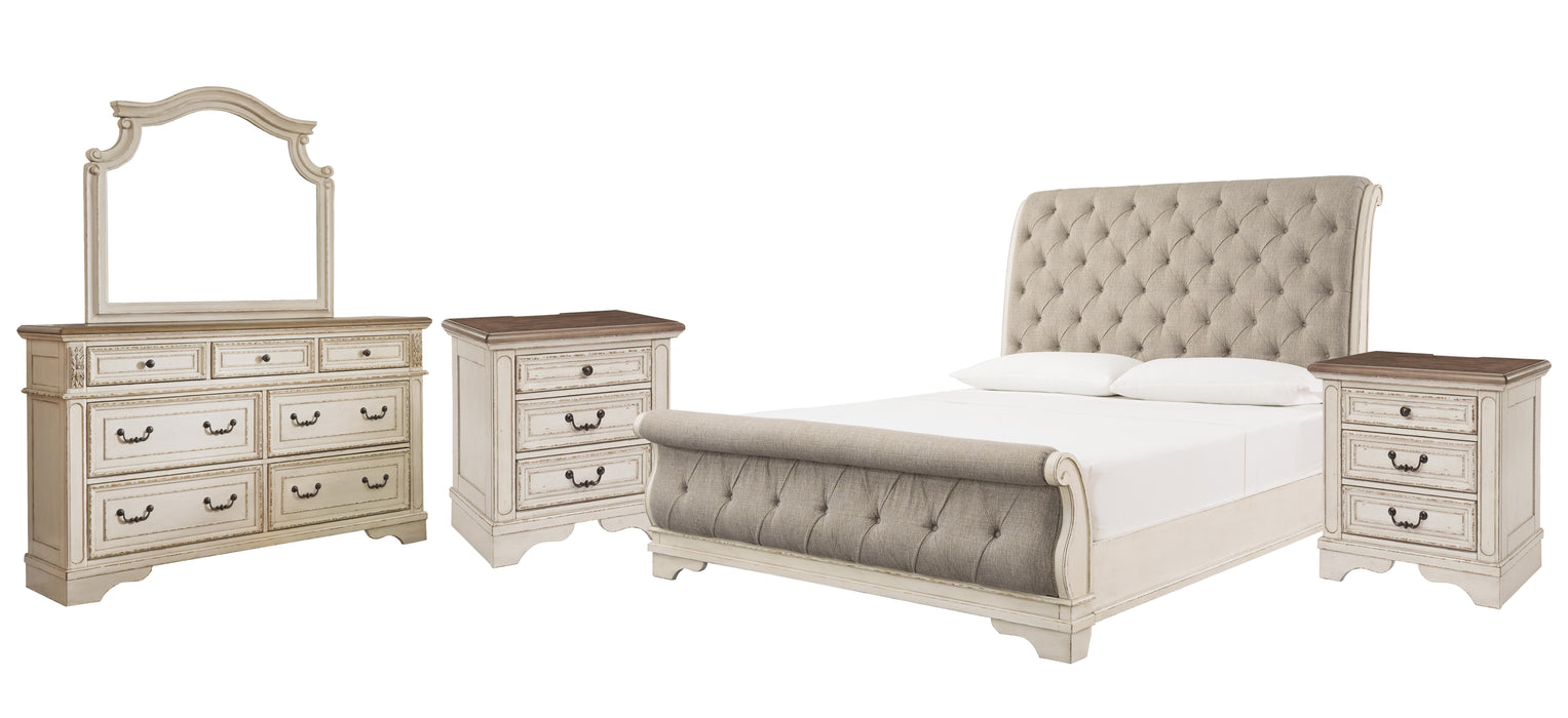 Ashley Furniture Realyn bedroom set featuring a modern bed frame, matching nightstands, and a coordinated dresser in a stylish bedroom.