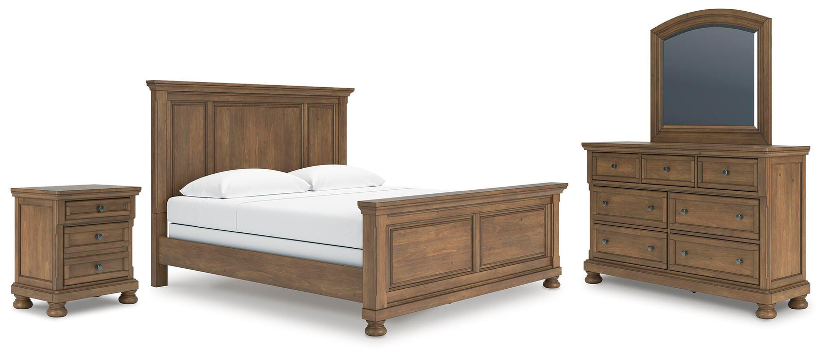 Ashley Furniture Feddinger bedroom set featuring a bed, nightstands, and dresser with modern design and wood finish.
