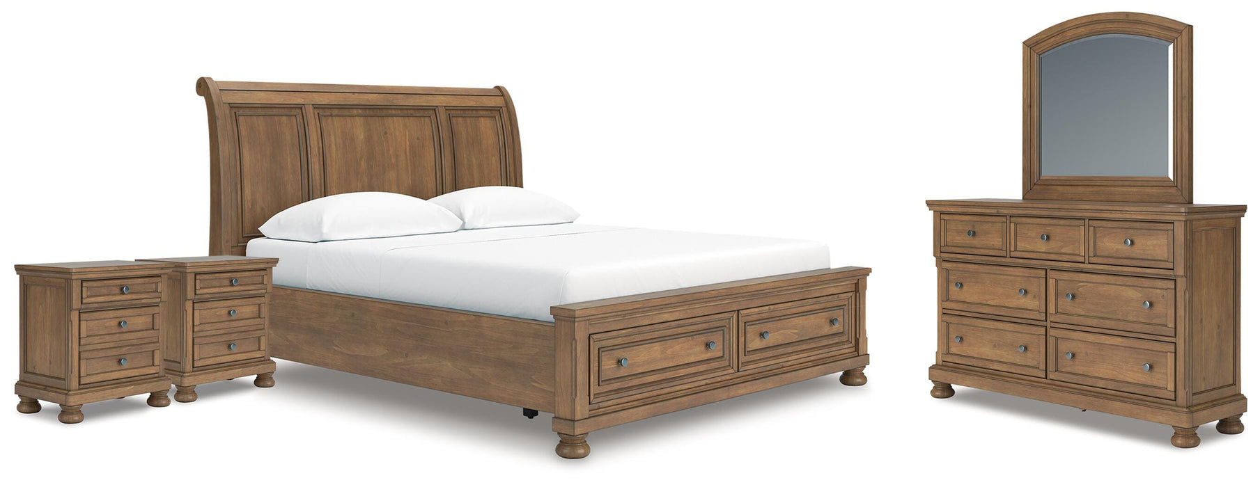 Ashley Furniture Feddinger bedroom set with a modern bed frame, nightstands, and dresser in a stylish bedroom setting.