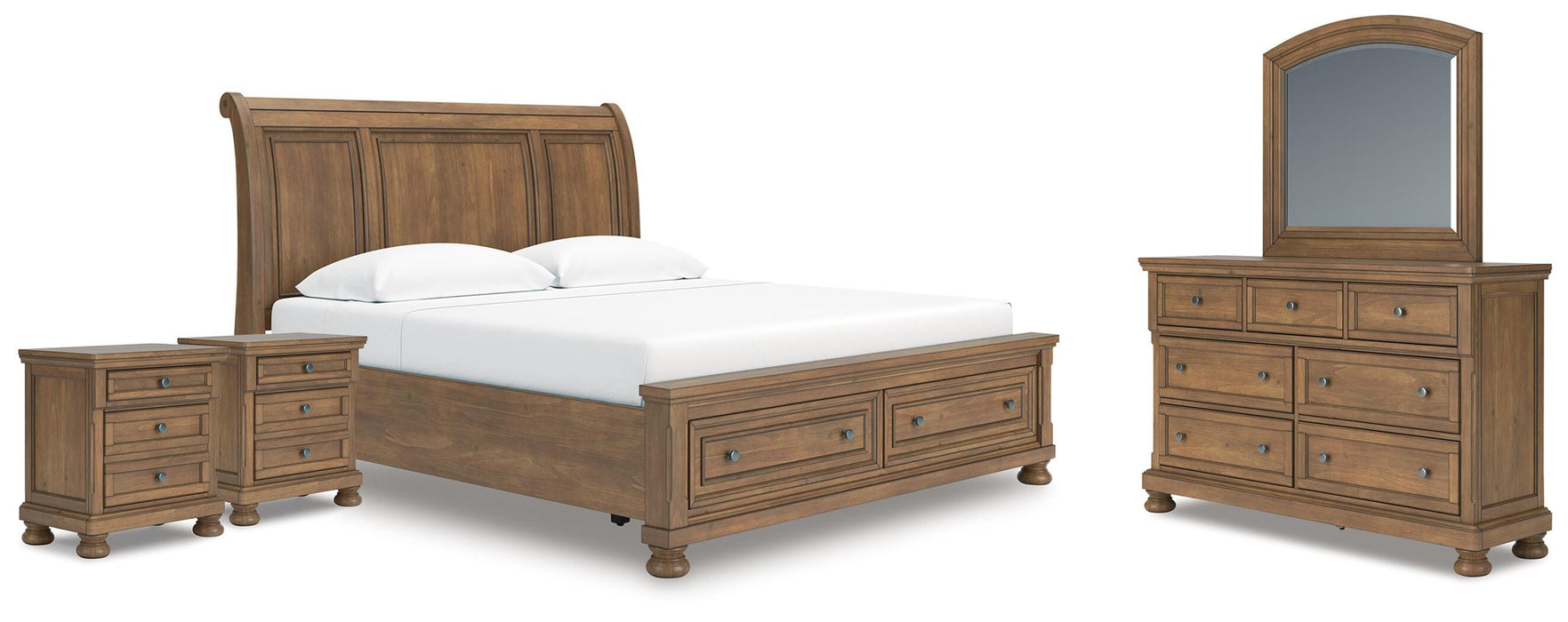 Ashley Furniture Feddinger bedroom set, includes bed frame, dresser, and nightstands, shown in a modern bedroom setting.