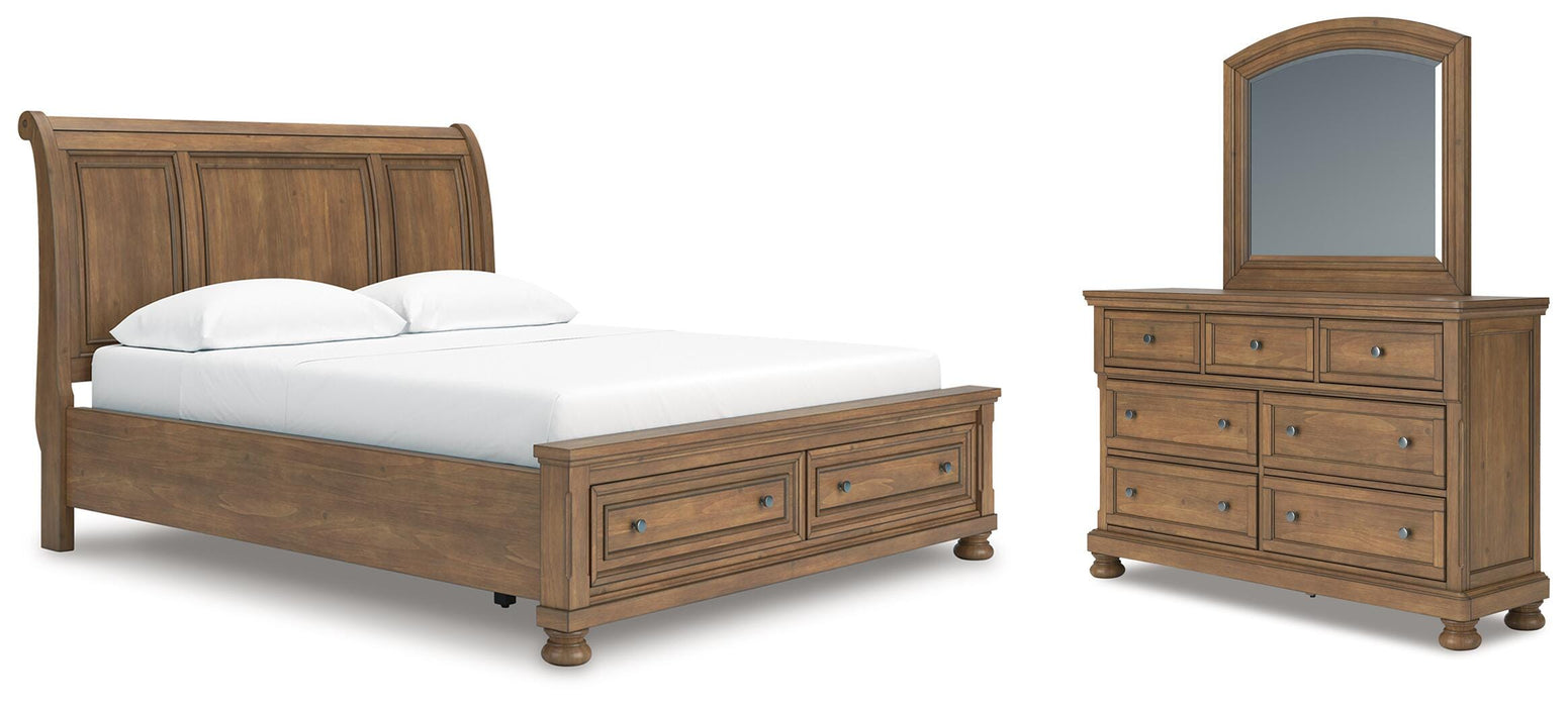 Ashley Furniture Feddinger bedroom set includes a bed frame, nightstands, and dresser in a modern bedroom design.