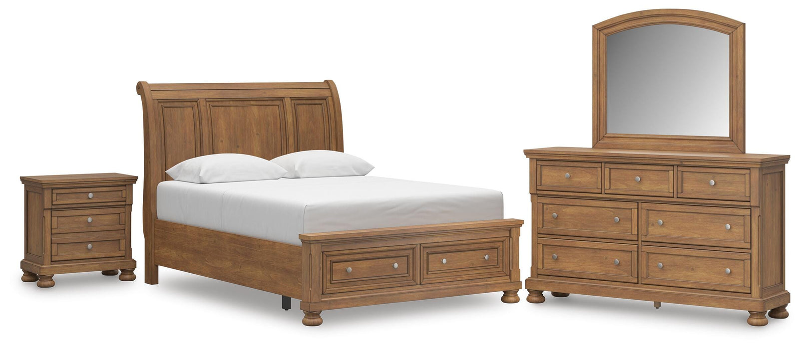 Ashley Furniture Feddinger bedroom set featuring a bed, nightstands, and dresser with a modern wood finish and stylish hardware.