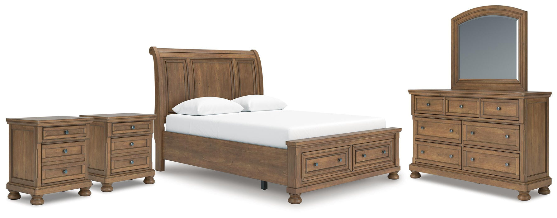Ashley Furniture Feddinger bedroom set with a bed, dresser, and nightstands in a modern design, shown in a cozy bedroom setting.