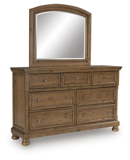 Ashley Furniture Feddinger dresser with mirror, featuring a dark wood finish and modern design, shown from an angled view.