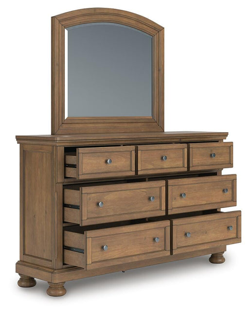 Ashley Furniture Feddinger dresser and mirror set, open drawer showing storage, with polished wood finish and modern design.