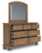 Ashley Furniture Feddinger bedroom set with a bed frame, matching nightstands, and a dresser shown from an angled view.