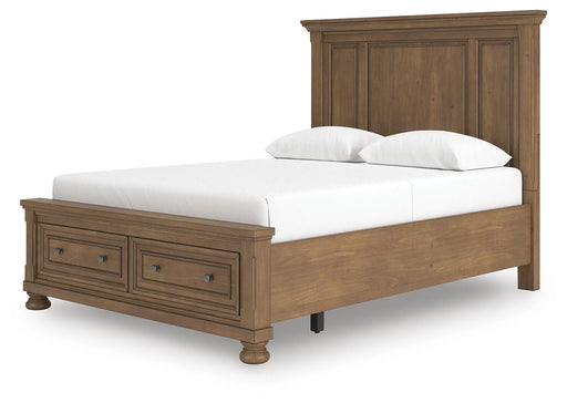 Ashley Furniture Feddinger Panel Storage Bed with a sleek wood finish and built-in storage drawers, shown from an angled view.