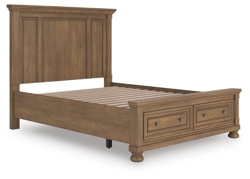 Ashley Furniture Feddinger Panel Storage Bed with a wood finish, featuring built-in storage drawers and a modern panel design.