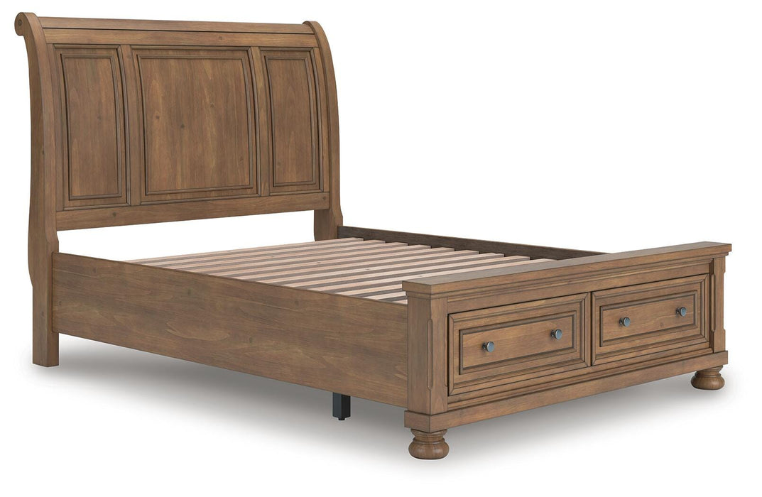 Ashley Furniture Feddinger bedroom set with a modern bed frame, nightstand, and dresser in a cozy bedroom setting.