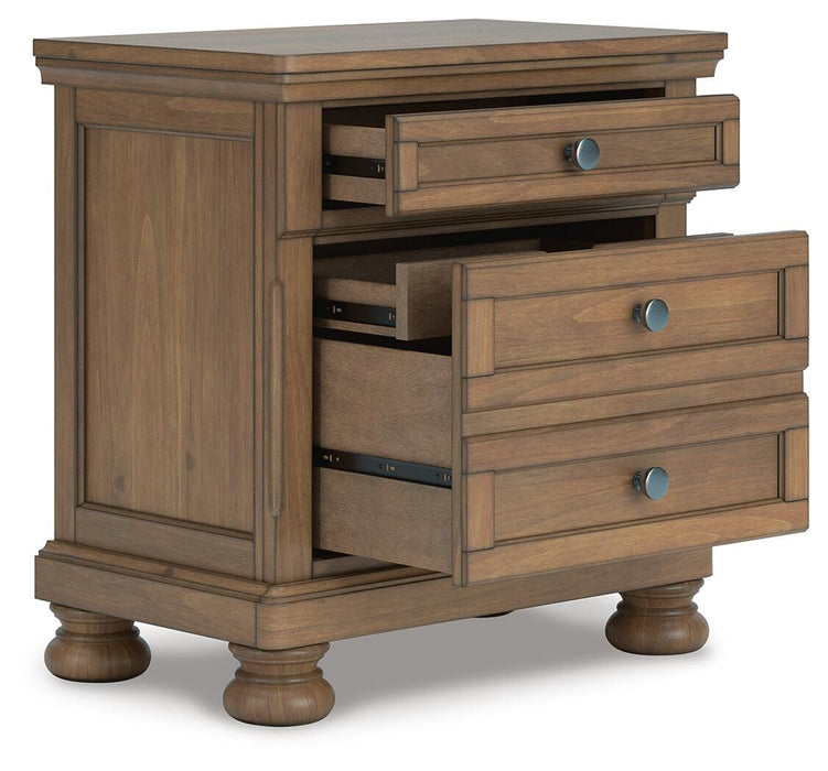 Ashley Furniture Feddinger bedroom set with a bed, nightstands, and dresser shown from an angled open view.