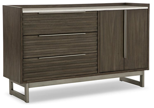 Ashley Furniture Arkenton Dresser with multiple drawers, featuring a modern design in a sleek finish, shown from an angled closed view.