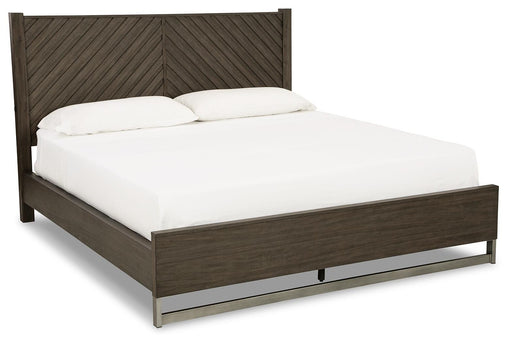 Ashley Furniture Arkenton Bed with a stylish wooden frame and elegant headboard, shown from an angled side view.