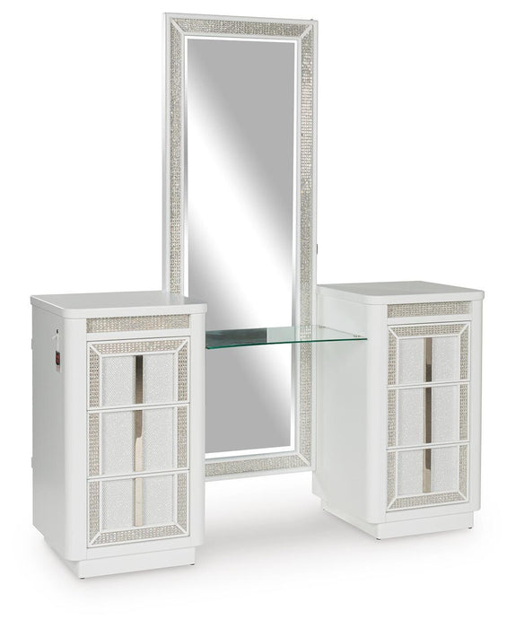 Ashley Furniture Chalanna vanity with mirror, featuring a sleek design and closed storage drawers, shown from an angled view.