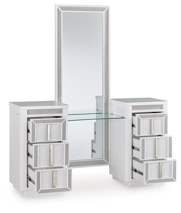 Ashley Furniture Chalanna vanity with mirror, shown open with storage compartments and sleek design for a stylish bedroom accessory.
