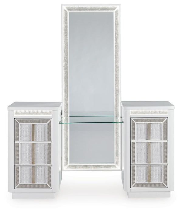 Ashley Furniture Chalanna vanity with mirror, featuring sleek design and built-in LED lighting for grooming and beauty routines.