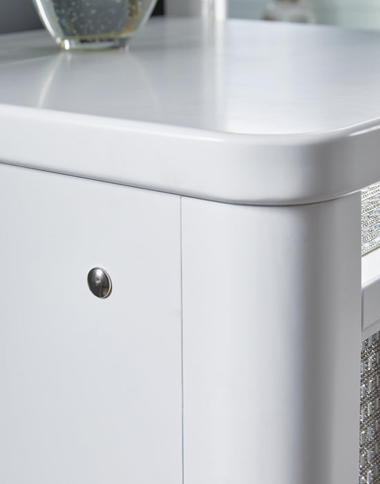 Ashley Furniture Chalanna vanity with mirror featuring LED touch switch, modern design and ample storage for beauty essentials.