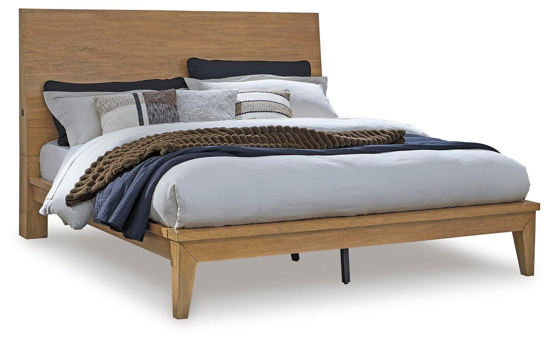 Ashley Furniture Sherbana Bed with a sleek wood finish and modern design, featuring a sturdy frame and stylish headboard.