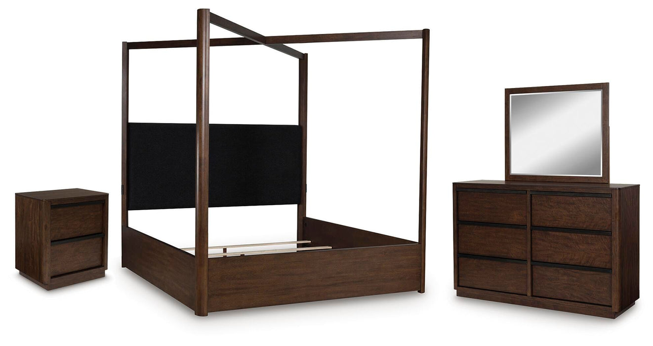 Ashley Furniture Dilenno bedroom set includes a bed frame, nightstands, and dresser with a modern, stylish design.